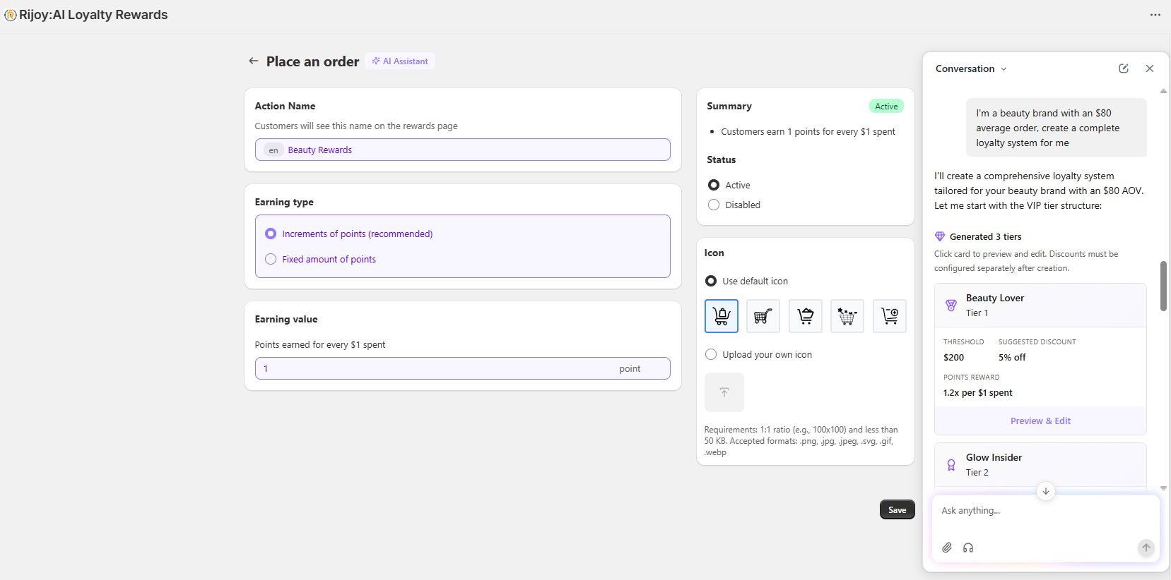 AI configures an entire program with optimized VIP tiers, points-earning rules, and redemption options tailored to your business model