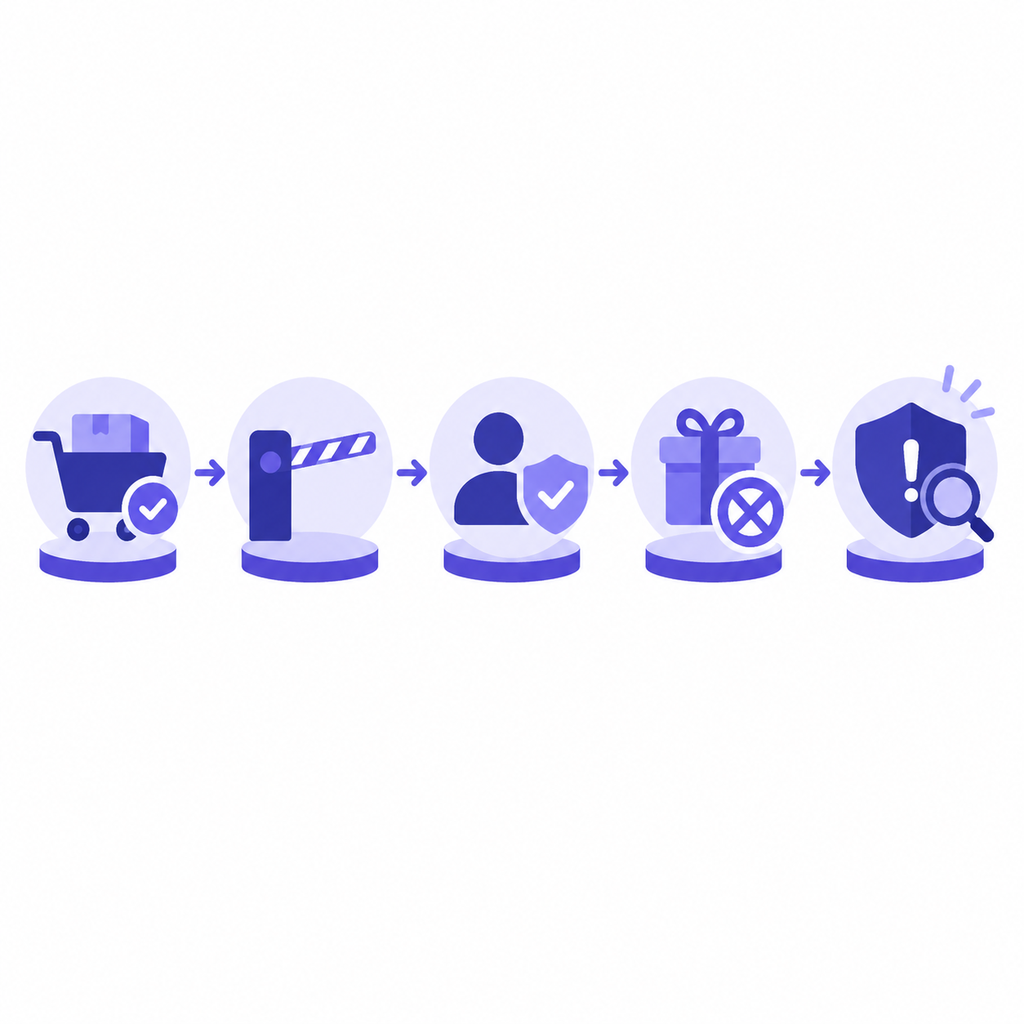 A five-stage referral control workflow moves from purchase timing to alert review